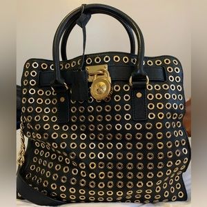 Michael Kors Hamilton Large Carry All Tote - Black Leather and Gold Studded